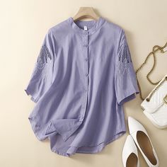 Women's Blouse Embroidered Hollow Out Sleeve Stand Collar Loose Cotton Blouse Top Spring Stand Collar Blouse For Daywear, Spring Daywear Tops With Stand Collar, Stand Collar Blouse For Spring Daywear, Stand Collar Blouse For Daywear In Spring, Embroidered Solid Color Short Sleeve Tops, Embroidered Short Sleeve Solid Tops, Embroidered Short Sleeve Tops, Spring Embroidered Blouse With Stand Collar, Embroidered Stand Collar Blouse For Spring