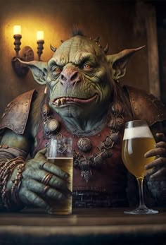 an animated character is holding a glass of beer and looking at the camera while sitting in front of him