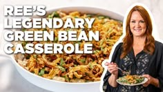 a woman holding a plate of food with the words lee's legendary green bean casserole