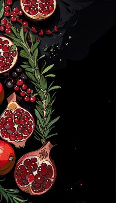 pomegranates and leaves on a black background