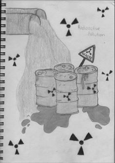 a pencil drawing of some barrels and an umbrella on the ground next to each other