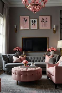 a living room with pink and gray furniture