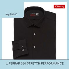 Deemed a Gotta-Have-It item for value you can count on every day! Tailored from stretch-poplin with antimicrobial properties, this J. Ferrar men's slim-fit dress shirt is something you'll always need, regardless of what suit and tie you choose to wear with it. This long-sleeve button-down is complete with a spread collar and button cuffs.Features: Stretch Fabric, AntimicrobialClosure Type: ButtonFit: Regular FitNeckline: Collar NeckPockets: 1 Inside Coin PocketSleeve Length: Long SleeveSleeve S… Black Slim Fit Button-up Dress Shirt, Wrinkle-resistant Slim Fit Long Sleeve Dress Shirt, Slim Fit Dress Shirts, Black Shirt Dress, Long Sleeve Shirt Dress, Slim Fit Men, Suit And Tie, Stretch Fabric, Top Shirt