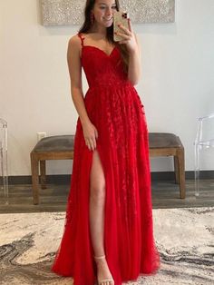 A Line V Neck Red Lace Tulle Long Prom Dresses with High Slit, Floor Length Red Lace Formal Graduation Evening Dresses Dress Grad, Winter Wedding Venues, Formal Prom Dress, Long Formal Dresses, Tulle Sleeves, Lace Prom Dress, Red Floral Dress, Elegant Red, Tulle Prom Dress