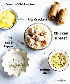 ingredients to make chicken broth laid out on a white marble counter top with text overlay