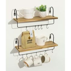 two wooden shelves with coffee cups and mugs hanging from the hooks on each shelf