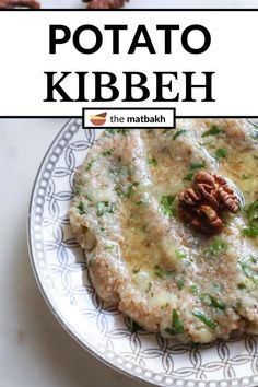 a plate with some food on it and the words potato kibbeh above it