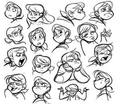 cartoon character expressions drawn in pencil and ink on paper, with various facial expressions for each character