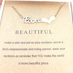 " Declare Your Love with 'Love You Beautiful' Necklace 💕✨ Express your heartfelt sentiments with this stunning "Love You Beautiful" necklace, coated in 14K gold and presented in a beautiful Bailee Rose gift box complete with a meaningful card. This thoughtful gift is the perfect way to remind your loved one just how much they mean to you. But that's not all! This necklace is designed to be worn every day, wherever you go. It's waterproof, sweatproof, and made with premium quality materials, so Inspirational Gold Necklaces For Valentine's Day, Inspirational Gold Necklace For Valentine's Day, Inspirational Gold Necklaces For Gifts, Inspirational Gold Necklace, Inspirational White Jewelry For Valentine's Day, Valentine's Day Anniversary Name Necklace With Clavicle Chain, Meaningful Rose Gold Necklace For Valentine's Day, Valentine's Day Gift Name Necklace With Delicate Chain, Valentine's Day Anniversary Gift Necklace With Delicate Chain