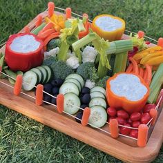 a platter filled with vegetables and dips sitting on top of a green field