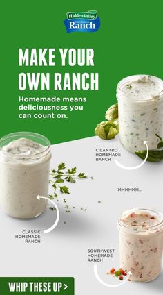 the ingredients for ranch dips are shown in three different jars and labeled with instructions