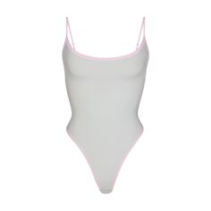 First-place style, second-skin comfort. This sporty bodysuit comfortably enhances your curves thanks to our beloved buttery fabric that is soft and stretchy beyond compare. Features contrast trim along the sexy scoop neck, adjustable straps, sides, and legs. Complete with a 100% cotton gusset that snaps. Fits true to size. High Cut Bodysuit With Built-in Bra For Summer, Summer Nylon Leotard With Built-in Bra, High Cut High Stretch Summer Bodysuit, Summer Shapewear Bodysuit With Boning, Boning Shapewear Bodysuit For Summer, Fitted Bodysuit With Spaghetti Straps For Loungewear, Trendy Seamless Bodysuit With Spaghetti Straps, Trendy Stretch Bodysuit With Spaghetti Straps, Summer Stretch Leotard With Boning