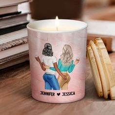 a personalized coffee mug with two women on it next to some sliced banana slices