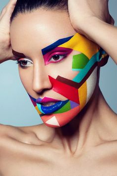 Related image Editorial Make-up, Fantasy Make-up, Avant Garde Makeup, Crazy Hats, Full Face Makeup, Piet Mondrian, Color Photo, Fantasy Makeup, Paint Art