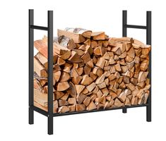 a stack of firewood in a black rack on a white background with clippings