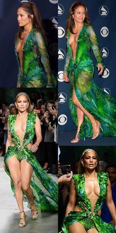 several pictures of the same woman in different outfits at an awards event, one is wearing a green dress