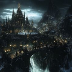 an image of a fantasy city at night