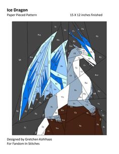 an ice dragon is shown in this paper pieced pattern, and it's sizes are