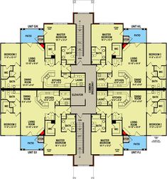 the floor plan for an apartment building with multiple levels and four stories, including two floors