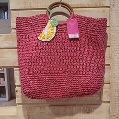 Tabitha Brown Hot Pink Woven Tote With Lemon Accent. Round Wooden Handles, Large Tote, Approx 17" Across. Tabitha Brown, Pink Beach, Brown Bags, Beach Tote, Large Tote, Wooden Handles, Womens Tote Bags, Pink Yellow, Hot Pink