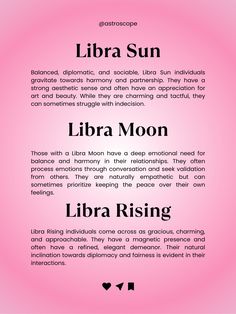 a pink poster with the words library sun, libra moon and libra rising