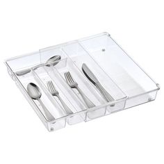 an empty plastic container with silverware in it