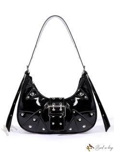 Bird in Bag - Lightweight, Portable, Classic Gothic-Style Punk Handbag with Faux Patent Leather, Rivet Decoration and Metallic Hardware - Perfect Punk Bags With Hardware For Alternative Fashion, Black Gothic Bag With Hardware, Edgy Shoulder Bag With Adjustable Strap For Alternative Fashion, Edgy Black Bag With Hardware Details, Edgy Black Bag With Hardware, Edgy Black Bags With Hardware, Gothic Shoulder Bag With Zipper For Concert, Black Shoulder Bag With Zipper For Alternative Fashion, Black Rivet Shoulder Bag