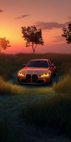 an orange sports car parked in the middle of a grassy field with trees at sunset