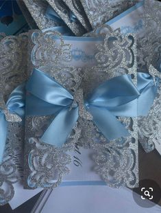 blue and silver wedding garters with bows