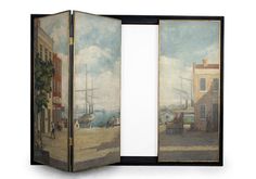 an open book with two paintings on the front and back cover, depicting boats in harbor