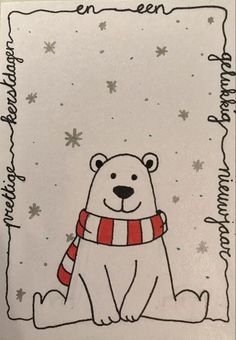 a polar bear with a scarf on sitting in front of snowflakes and stars