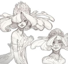 two drawings of women with hats on their heads, one in the process of drawing