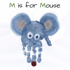 an elephant made out of blue paper with the words m is for mouse