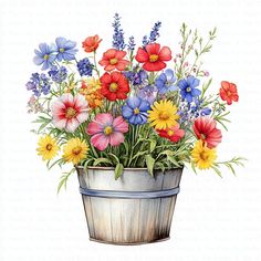 a watercolor painting of colorful flowers in a bucket