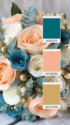 a bouquet filled with flowers sitting on top of a white cloth covered tablecloth next to two color swatches