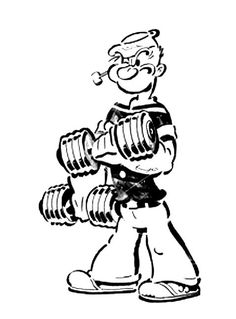 a black and white drawing of a cartoon character holding a dumbble barbells