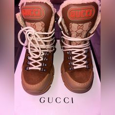 Gucci Boots With Sterling In The Inside. Worn Approximately 2-3 Times. Very Good Condition. No Longer Available Online. Luxury Brown High-top Boots, Designer Brown Boots With Round Toe, Designer Gucci Boots With Branded Insole, Casual Gucci Leather Boots, Gucci Winter, Gucci Boots, Shoes Gucci, Gucci Shoes, Winter Rain