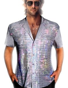 PRICES MAY VARY. Chic look: Unique custom mesh sequined fabric, is slightly transparent,in the light shining multicolored light, emitting a mysterious sexy smell. Original details:The shirt of this suit collar is composed of shiny mesh sequins on the chest and shiny shirt material, which is very designed. The sequins on the mesh are arranged in vertical bars, which is very thin while shining, and the slim version looks very advanced. Omnipotent matching:You can wear suit pants, slacks, jeans, et Funky Formal, Halloween Club Party, Disco Christmas, Sequined Fabric, School Auction, Black Cowboy Boots, Disco Shirt, Suit Collar, 70s Disco