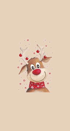 a reindeer with red nose and antlers on it's head, wearing a scarf