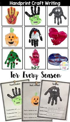 handprint craft writing for every season with pictures of hands and pumpkins on them