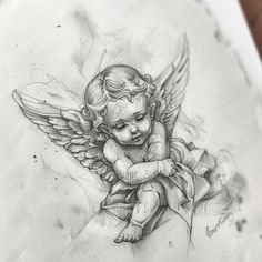 a pencil drawing of an angel holding a baby