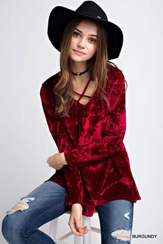 Red Velvet Blouse, Red Velvet Top, Crushed Velvet Top, Velvet Sleeve, Criss Cross Top, Cross Neck, Red Boho, Velvet Blouses, Ootd Summer