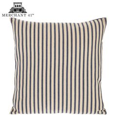 a blue and white striped pillow on a white background