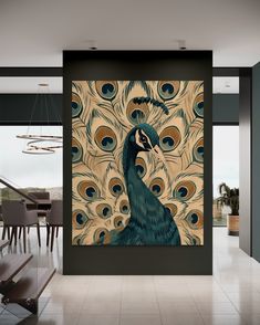 a peacock painting on the wall in a dining room