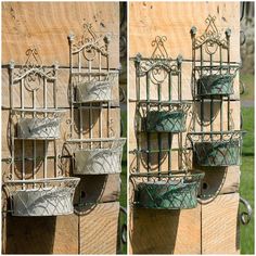 three different pictures of metal planters hanging on wooden boards, one in the shape of a birdcage