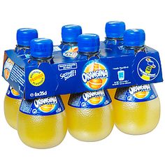 six bottles of orange juice with blue caps