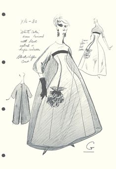 Stunning evening gown ensemble.  White Satin trimmed in black velvet and a huge red Rose appliqué!  Finished off with a black chiffon coat to float over!   Designed by French designer Jacques Griffe in the 1960's. This sketch is from one of the sketch books given to me from Cardinal Fashion Studios.   Very few of these books exist! As listed in the Table of Contents, "G" represents all JACQUES GRIFFE designs. Each sheet measures 13" x 8.5" with plenty of room around the holes to frame beautifully! The illustrator for Cardinal attended the Couture Fashion Shows in Europe sketched the designs in pencil or graphite stick on newsprint paper.   The sketch sheets were then sent to buyers allover the UNITED STATES, to all of the large department and specialty stores A very limited number of these Balenciaga Haute Couture Vintage, Gown Sketch, Chiffon Coat, Sketch Books, Rose Applique, Black Chiffon, French Designer, Graphite Drawings, Fashion Studio