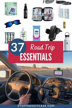 Contains 2 images, the top image shows various road trip essentials, the bottom image shows a car being driven. Road Trip Food, Ultimate Packing List, Traveling With Kids