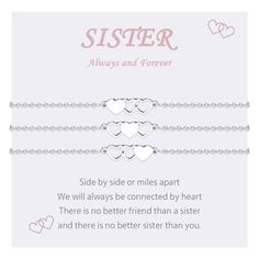 two silver bracelets with hearts on each side and the words sister always and forever