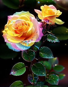 two yellow and pink roses with water droplets on them